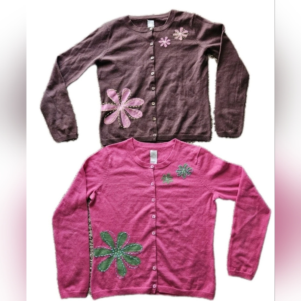 Garnet Hill Floral Embellished Flower Cardigan Sweaters Pink & Brown Size Small
